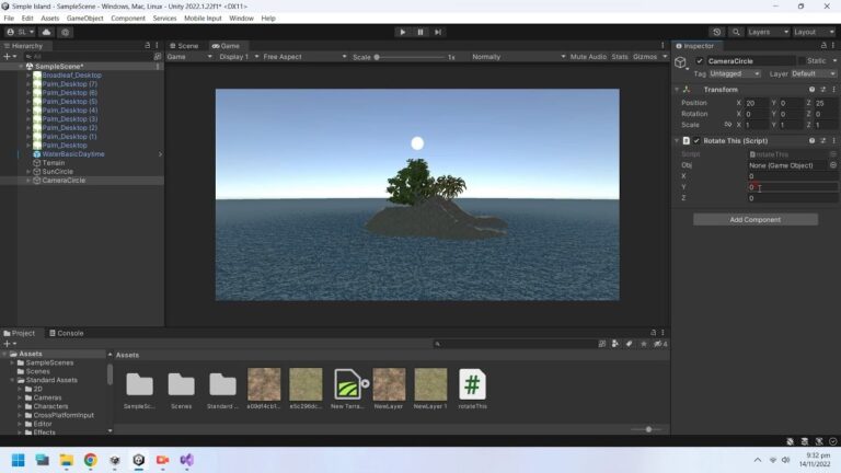 How to create terrain, add trees & water, rotate camera, & create day night